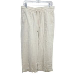 Athleta Linen Oatmeal Color Wide Leg Elastic Waist Women's Trouser Pants Size L